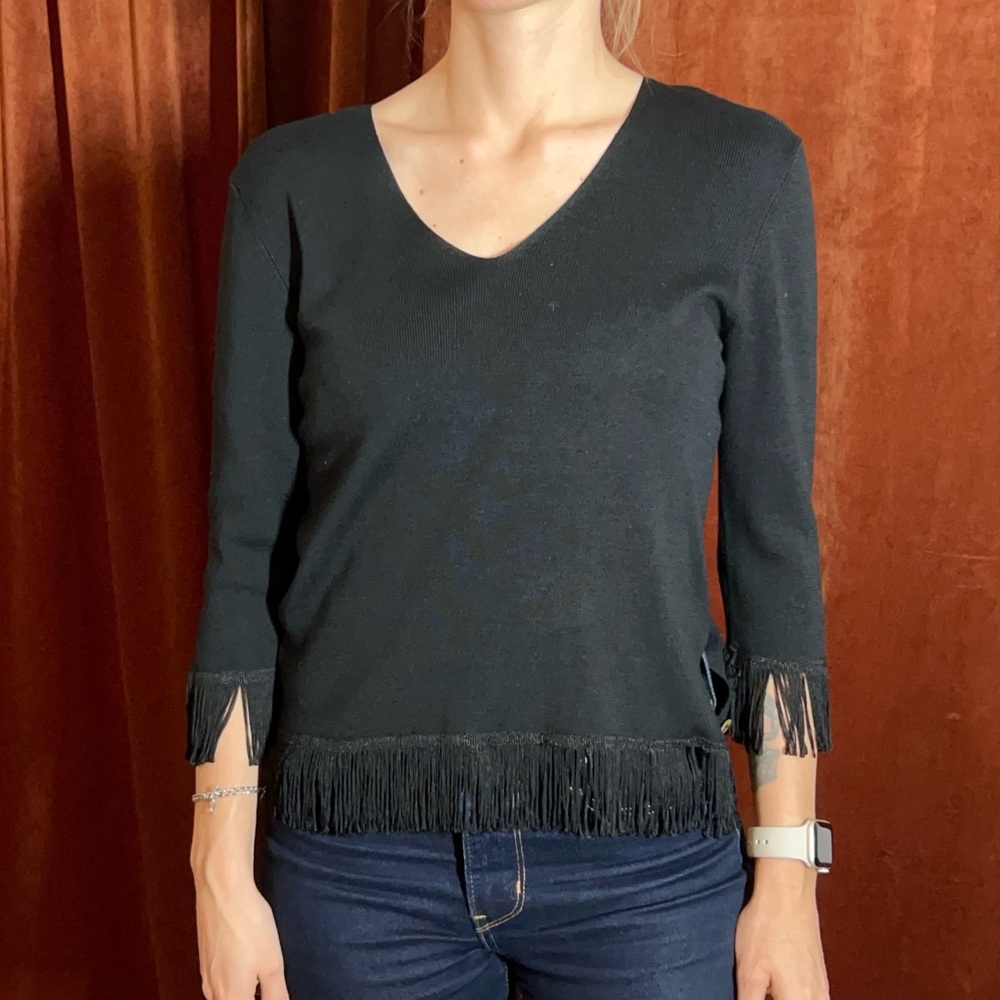 VTG 90s 100% silk fringe 3/4 sleeve blouse